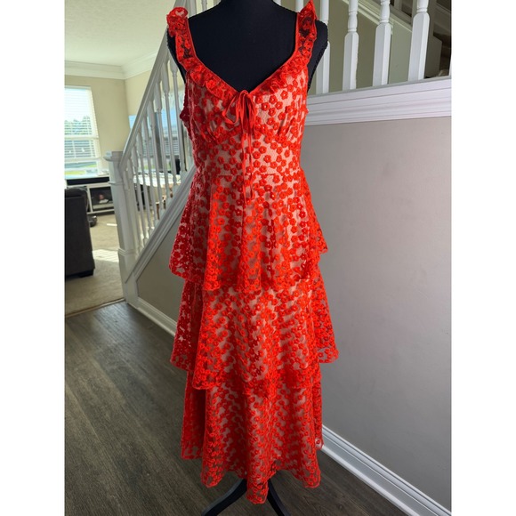 Lulus Dresses & Skirts - Lulus Someday Swoon Red Floral Embroidered Tiered Midi Dress Ruffle Strap Size M